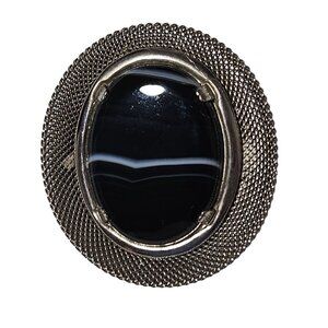 Vintage Retro Silver Tone Black Agate Oval Brooch Pin 50s 60s Fashion Jewelry